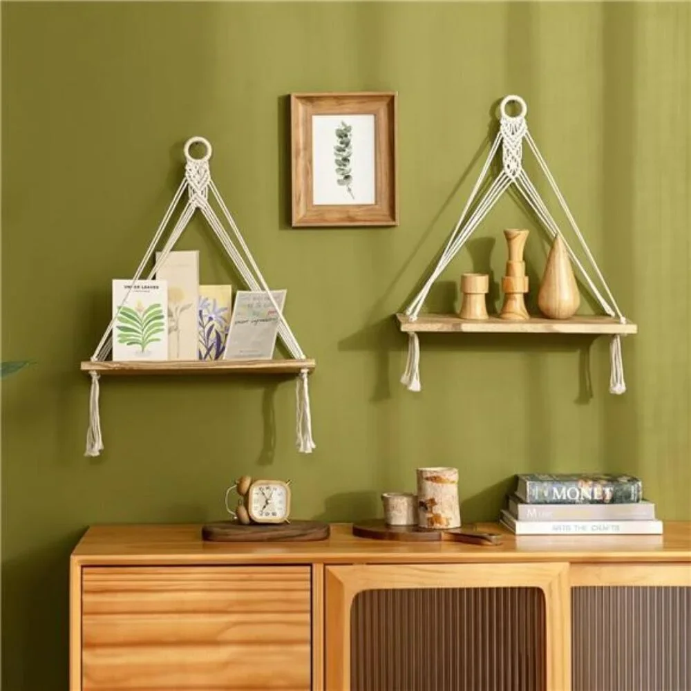Mkono Macrame Hanging Shelves Set Boho Wood Wall Decor Floating Storage